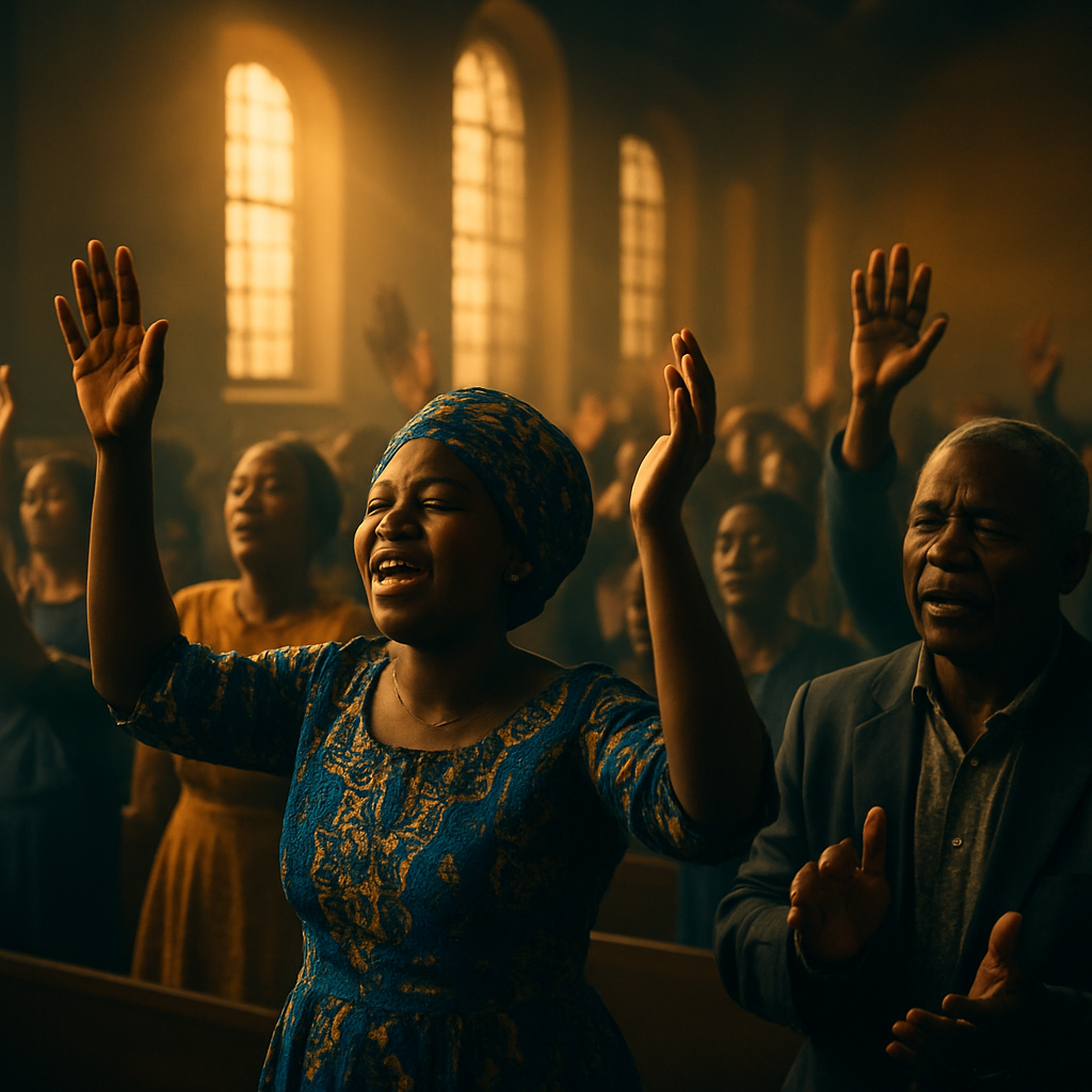 Congregation worshipping with hands raised in praise