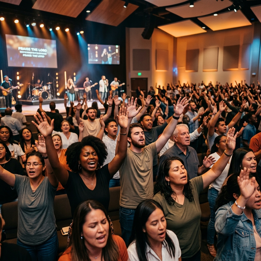 Diverse church congregation worshipping